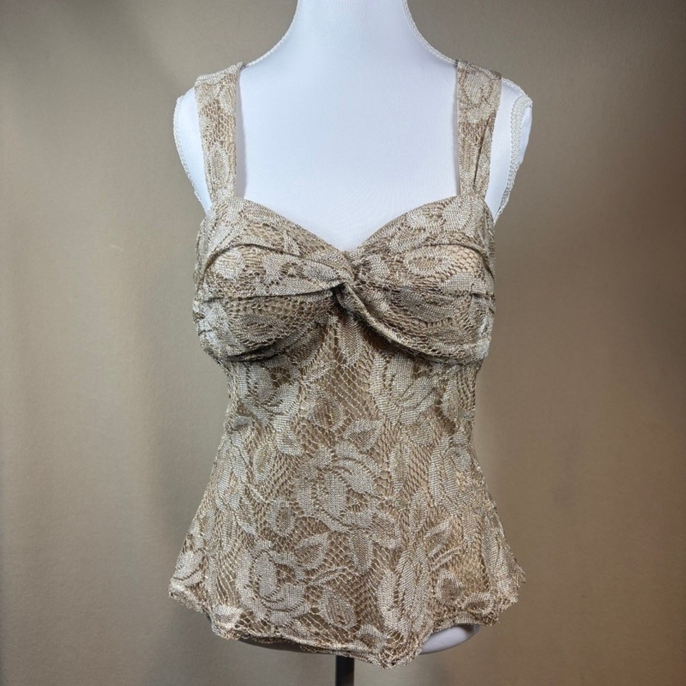 Cache Vtg Womens Metallic Gold Lace Sweetheart Knot Bust Cami Top M Indie Sleaze